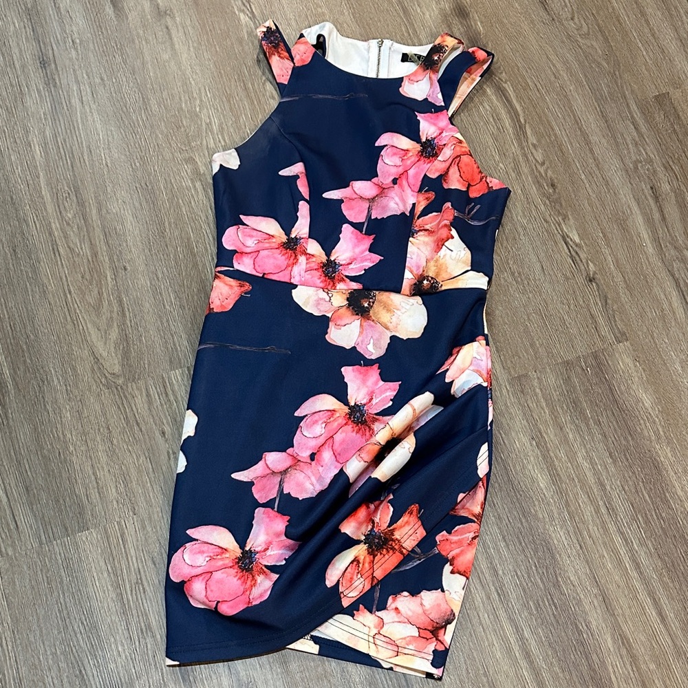Elegant Floral Mini Dress - Navy and Pink